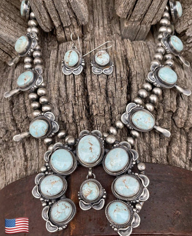 Image of Native American Necklaces - Navajo Dry Creek Turquoise Stamped Squash Blossom Dangle Necklace & Earrings Set - Thomas Francisco - Native American