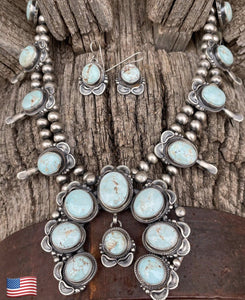Native American Necklaces - Navajo Dry Creek Turquoise Stamped Squash Blossom Dangle Necklace & Earrings Set - Thomas Francisco - Native American