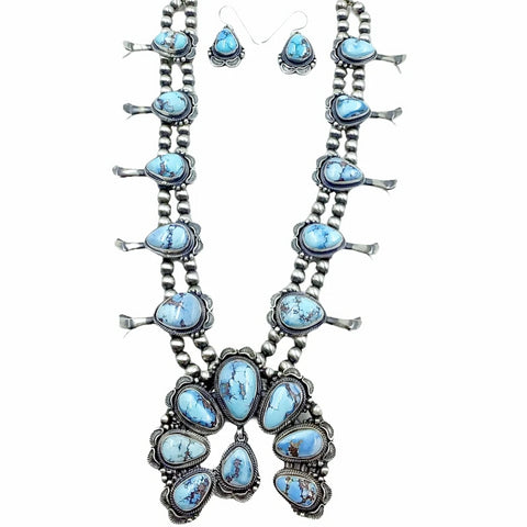 Image of Native American Necklaces - Navajo Golden Hill Turquoise Squash Blossom Stamped Necklace & Earrings Set - Thomas Francisco - Navajo