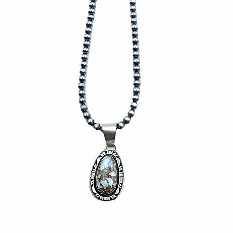 Image of Native American Necklaces - Navajo Golden Hills Turquoise & Sterling Silver Pendant Navajo Pearls Necklace - Tricia Smith - Native American