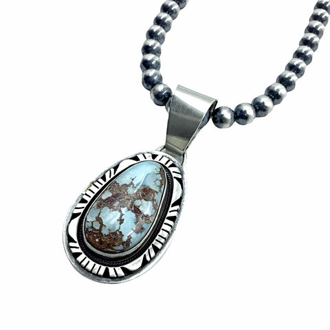 Image of Native American Necklaces - Navajo Golden Hills Turquoise & Sterling Silver Pendant Navajo Pearls Necklace - Tricia Smith - Native American