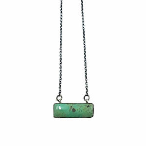 Native American Necklaces - Navajo Green Royston Turquoise Bar Oxidized Sterling Silver Necklace- Kee J - Native American