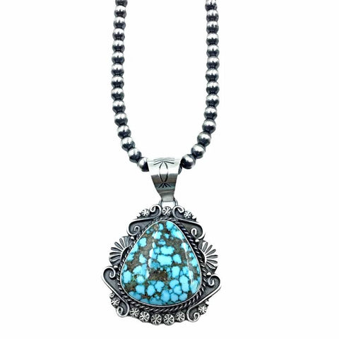 Image of Native American Necklaces - Navajo Kingman Spiderweb Turquoise Sterling Silver Pendant & Navajo Pearls Necklace - Samson Edsitty - Native American