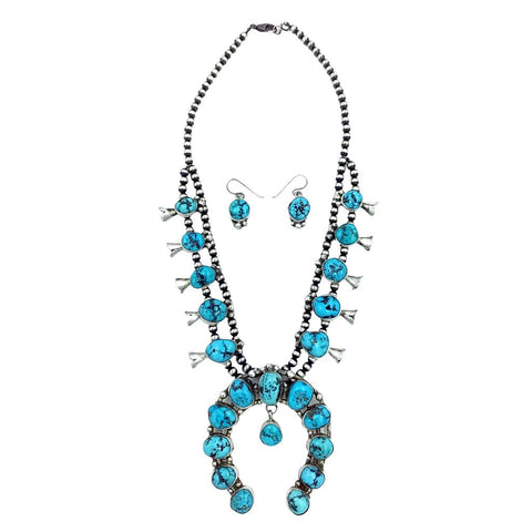 Image of Native American Necklaces - Navajo Kingman Turquoise Squash Blossom Native American Necklace Set - Ella Peters - Native American