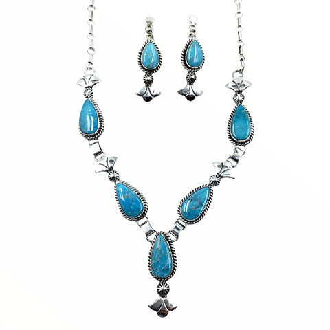 Image of Native American Necklaces - Navajo Kingman Turquoise Teardrop Stone Necklace & Earrings Set - Mary Ann Spencer - Native American