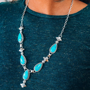Native American Necklaces - Navajo Kingman Turquoise Teardrop Stone Necklace & Earrings Set - Mary Ann Spencer - Native American