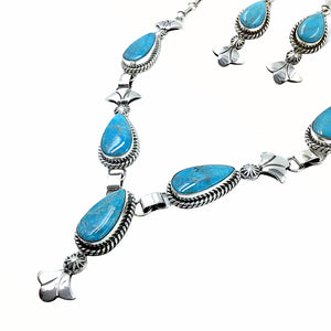 Native American Necklaces - Navajo Kingman Turquoise Teardrop Stone Necklace & Earrings Set - Mary Ann Spencer - Native American