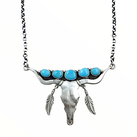 Image of Native American Necklaces - Navajo Longhorn Steer Skull Kingman Turquoise Feather Dangle Necklace - Emer Thompson - Native American