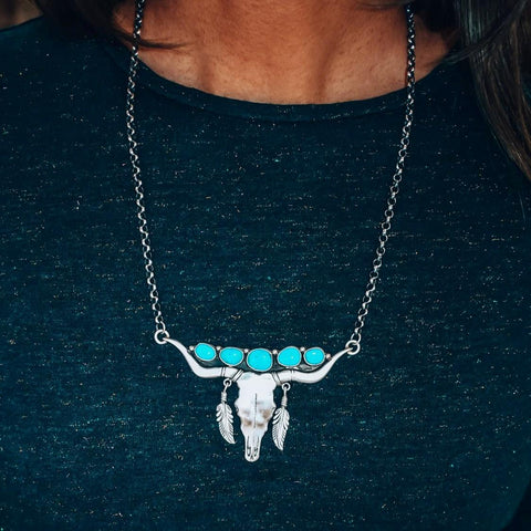 Image of Native American Necklaces - Navajo Longhorn Steer Skull Kingman Turquoise Feather Dangle Necklace - Emer Thompson - Native American