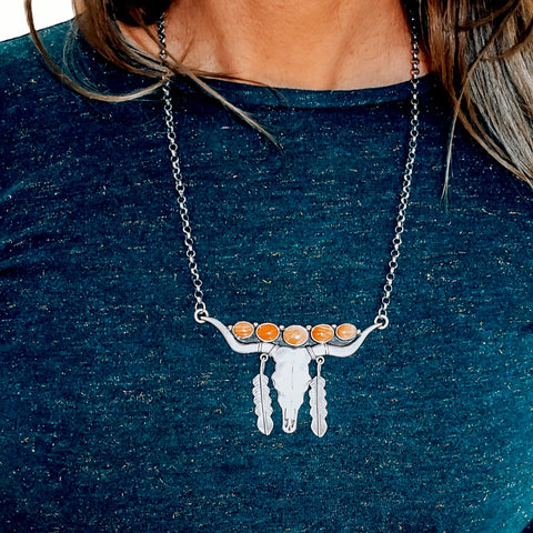 Image of Native American Necklaces - Navajo Longhorn Steer Skull Orange Spiny Oyster Feather Dangle Necklace - Emer Thompson - Native American