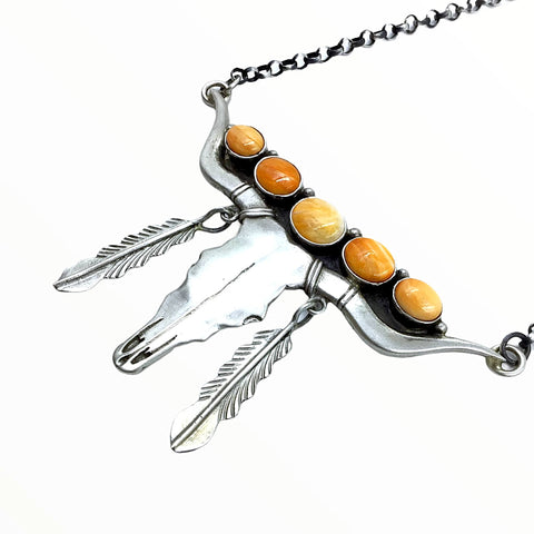 Image of Native American Necklaces - Navajo Longhorn Steer Skull Orange Spiny Oyster Feather Dangle Necklace - Emer Thompson - Native American