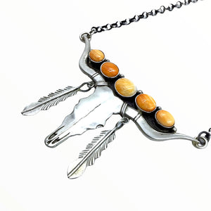 Native American Necklaces - Navajo Longhorn Steer Skull Orange Spiny Oyster Feather Dangle Necklace - Emer Thompson - Native American