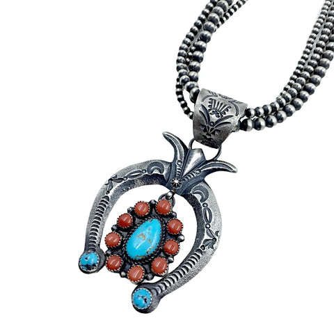 Image of Native American Necklaces - Navajo Naja Turquiose & Red Coral Sterling Silver Casted Navajo Pearls Multi-Strand Necklace - Eva Billah Linberg - Native American