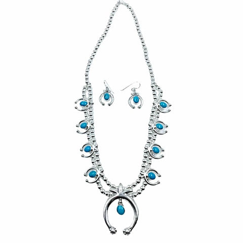 Image of Native American Necklaces - Navajo Naja Turquoise Sterling Silver Squash Blossom Style Necklace & Earrings Set - Native American
