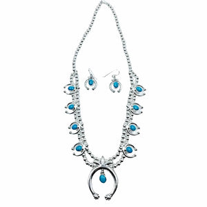 Native American Necklaces - Navajo Naja Turquoise Sterling Silver Squash Blossom Style Necklace & Earrings Set - Native American