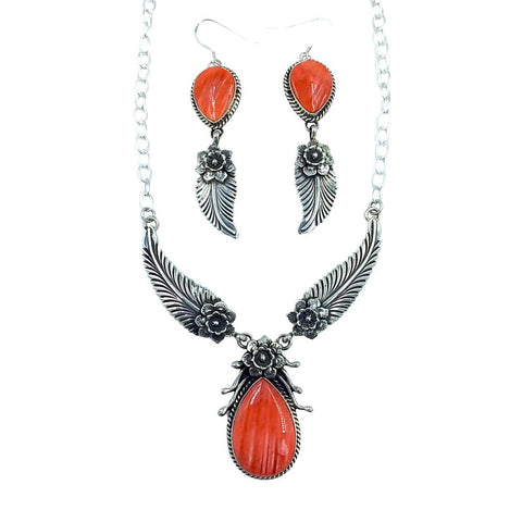 Image of Native American Necklaces - Navajo Orange Spiny Oyster Feather Flower Necklace- L. James - Native American