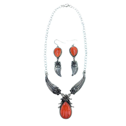 Image of Native American Necklaces - Navajo Orange Spiny Oyster Feather Flower Necklace- L. James - Native American