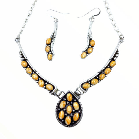 Image of Native American Necklaces - Navajo Orange Spiny Oyster Teardrop Cluster Necklace & Earrings Set - Charles Johnson - Native American