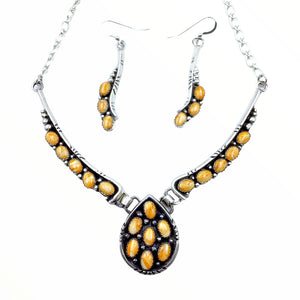 Native American Necklaces - Navajo Orange Spiny Oyster Teardrop Cluster Necklace & Earrings Set - Charles Johnson - Native American