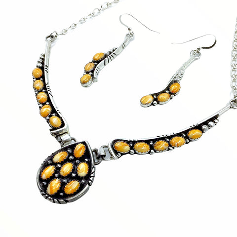 Image of Native American Necklaces - Navajo Orange Spiny Oyster Teardrop Cluster Necklace & Earrings Set - Charles Johnson - Native American