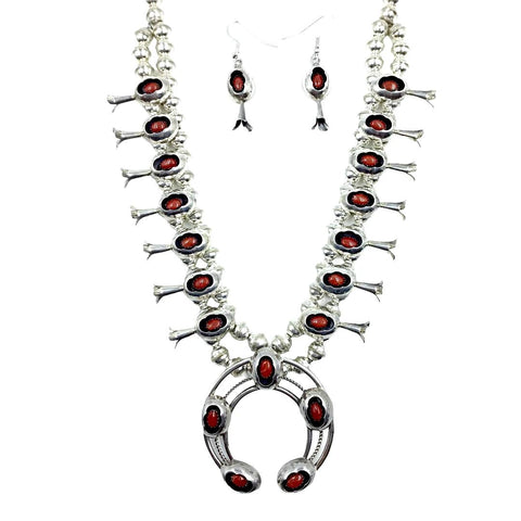 Image of Native American Necklaces - Navajo Petite Children's Red Coral Shadow-Box Squash Blossom Necklace Set - Phil & Lenore Garcia - Native American