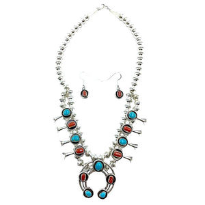 Native American Necklaces - Navajo Petite Children's Turquoise & Red Coral Squash Blossom Necklace Set - Phil & Lenore Garcia - Native American