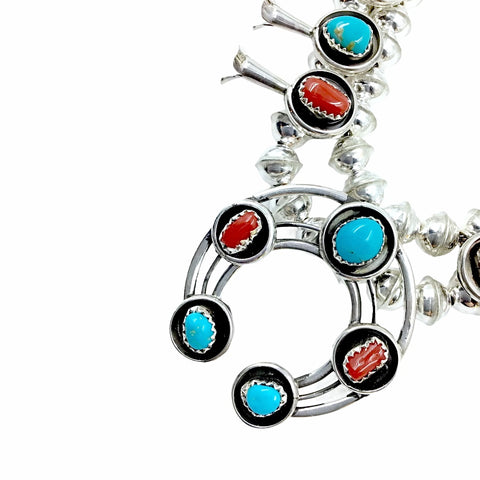 Image of Native American Necklaces - Navajo Petite Children's Turquoise & Red Coral Squash Blossom Necklace Set - Phil & Lenore Garcia - Native American