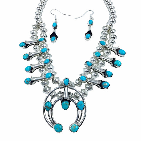 Image of Native American Necklaces - Navajo Petite Children's Turquoise Squash Blossom Necklace Set - Phil & Lenore Garcia