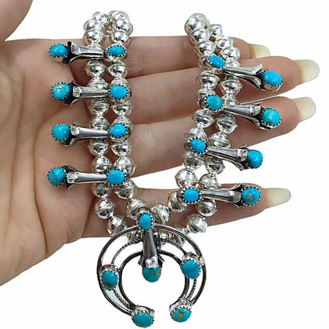 Image of Native American Necklaces - Navajo Petite Children's Turquoise Squash Blossom Necklace Set - Phil & Lenore Garcia