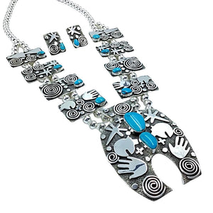Native American Necklaces - Navajo Petroglyph Design Sterling Silver & Turquoise Squash Blossom Necklace Set - Alex Sanchez - Native American