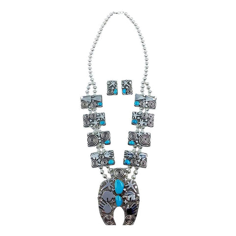 Image of Native American Necklaces - Navajo Petroglyph Design Sterling Silver & Turquoise Squash Blossom Necklace Set - Alex Sanchez - Native American