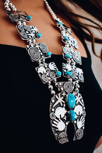 Native American Necklaces - Navajo Petroglyph Design Sterling Silver & Turquoise Squash Blossom Necklace Set - Alex Sanchez - Native American