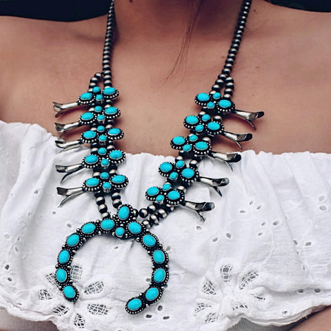 Image of Native American Necklaces - Navajo Sleeping Beauty Turquoise Squash Blossom Necklace & Earrings Set - P. Johnson - Native American
