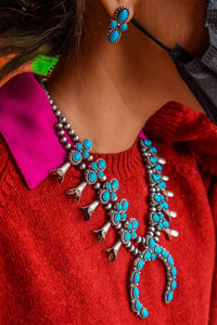 Native American Necklaces - Navajo Sleeping Beauty Turquoise Squash Blossom Necklace & Earrings Set - P. Johnson - Native American