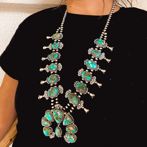 Image of Native American Necklaces - Navajo Sonoran Gold Turquoise Dangle Squash Blossom Set - Mary Ann Spencer - Native American