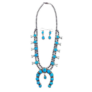 Native American Necklaces - Navajo Squash Blossom Turquoise Necklace Set - Ella Peters - Native American