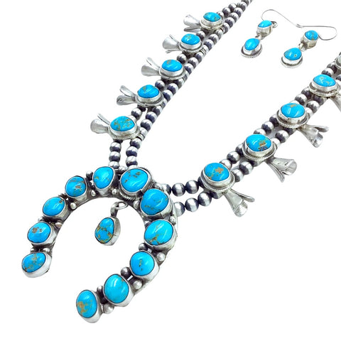 Image of Native American Necklaces - Navajo Squash Blossom Turquoise Necklace Set - Ella Peters - Native American