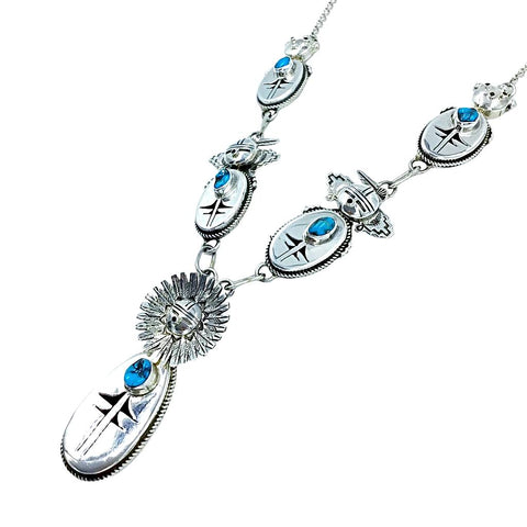 Image of Native American Necklaces - Navajo Sunface Kingman Turquoise Necklace - Bennie Ration - Native American