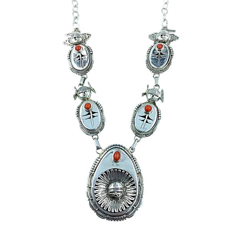 Image of Native American Necklaces - Navajo Sunface Shadow Box Style Red Coral Necklace - Bennie Ration - Native American