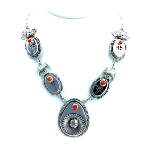 Native American Necklaces - Navajo Sunface Shadow Box Style Red Coral Necklace - Bennie Ration - Native American