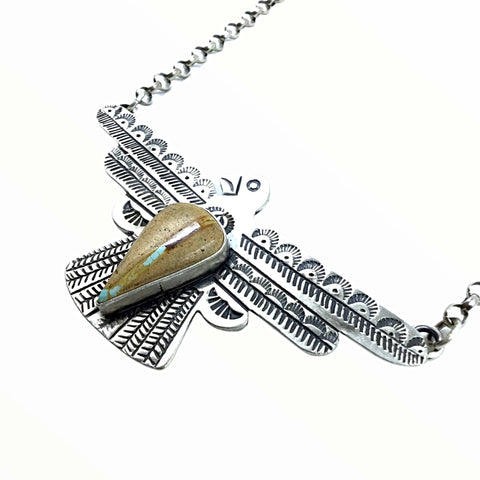 Image of Native American Necklaces - Navajo Thunderbird Boulder Turquoise Stamped Sterling Silver Necklace- Russell Sam - Native American