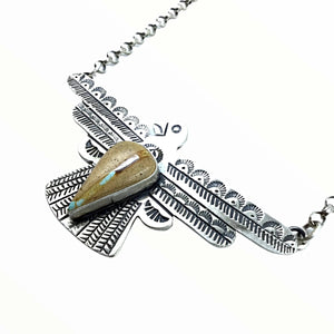 Native American Necklaces - Navajo Thunderbird Boulder Turquoise Stamped Sterling Silver Necklace- Russell Sam - Native American