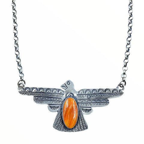 Image of Native American Necklaces - Navajo Thunderbird Orange Spiny Oyster Stamped Sterling Silver Necklace- Russell Sam - Native American