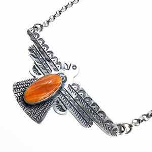 Native American Necklaces - Navajo Thunderbird Orange Spiny Oyster Stamped Sterling Silver Necklace- Russell Sam - Native American