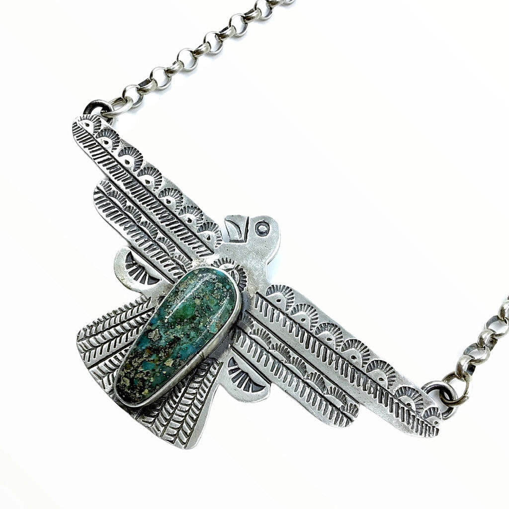 Item #1036M- Navajo 7ct Royston Turquoise Textured Silver Drop Sterling Silver Beaded Necklace by Em Teller