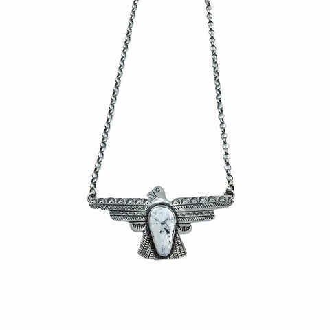 Image of Native American Necklaces - Navajo Thunderbird White Buffalo Stone Stamped Sterling Silver Necklace- Russell Sam - Native American