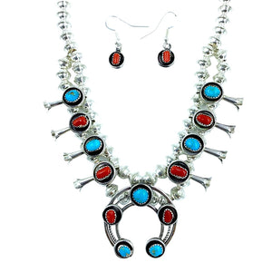 Native American Necklaces - Navajo Turquoise & Coral Children's Squash Blossom Necklace By Phil & Lenore Garcia -Small Size