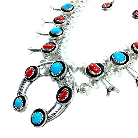 Image of Native American Necklaces - Navajo Turquoise & Coral Children's Squash Blossom Necklace By Phil & Lenore Garcia -Small Size