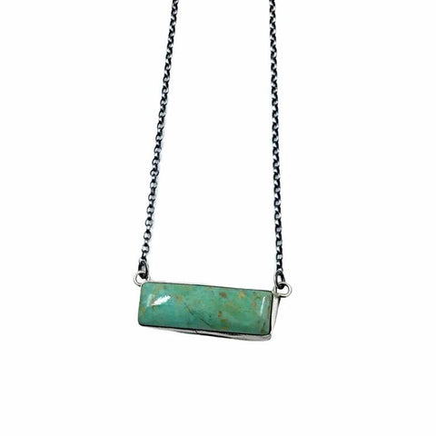 Image of Native American Necklaces - Navajo Vibrant Green Royston Turquoise Oxidized Sterling Silver Bar Necklace - Kee-J - Native American