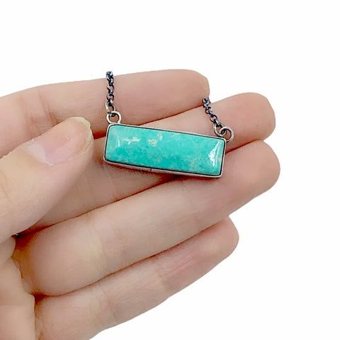 Image of Native American Necklaces - Navajo Vibrant Royston Turquoise Oxidized Sterling Silver Bar Necklace - Kee-J - Native American